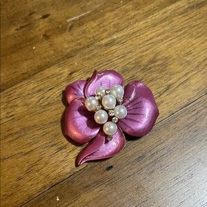 Enamel Pink Floral Brooch with  Natural Pearls